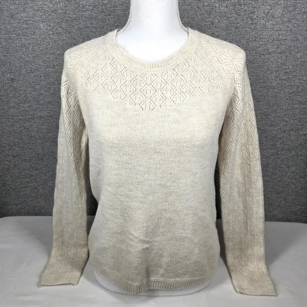 KUHL WOMEN'S CREAM KNIT SWEATER – SIZE SMALL – DIAMOND OPENWORK – WOOL BLEND